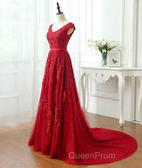 Burgundy tulle lace applique long Evening Prom Dresses, burgundy evening Dresses