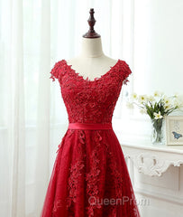Burgundy tulle lace applique long Evening Prom Dresses, burgundy evening Dresses