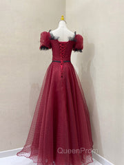 Burgundy Tulle Lace Long Evening Prom Dresses, Burgundy Evening Dresses