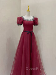 Burgundy Tulle Lace Long Evening Prom Dresses, Burgundy Evening Dresses