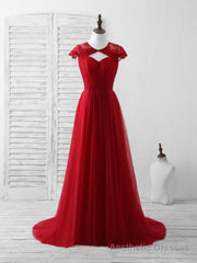 Burgundy Tulle Lace Long Prom Dress Burgundy Evening Dress