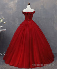 Burgundy Tulle Lace Off Shoulder Long Prom Gown Burgundy Evening Dress