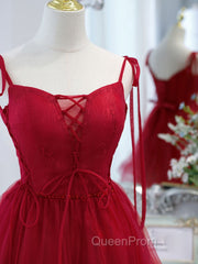 Burgundy Tulle Lace Short Evening Prom Dresses, Burgundy Homecoming Dresses