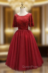 Burgundy Tulle Lace Short Sleeve Homecoming Dresses