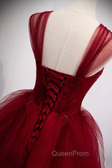 Burgundy Tulle Long A-Line Evening Dresses, Off the Shoulder Evening Party Dresses