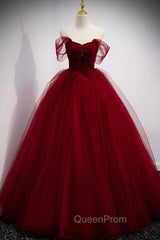 Burgundy Tulle Long A-Line Evening Dresses, Off the Shoulder Evening Party Dresses