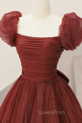 Burgundy Tulle Long A-Line Evening Prom Dresses, Cute Short Sleeve Evening Dresses