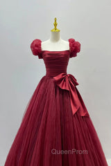 Burgundy Tulle Long A-Line Evening Prom Dresses, Lovely Evening Graduation Dresses