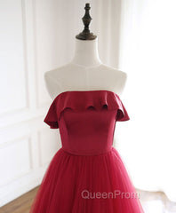 Burgundy Tulle Long Evening Prom Dresses, A line Burgundy Evening Party Dresses