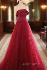 Burgundy Tulle Long Evening Prom Dresses, A line Burgundy Evening Party Dresses