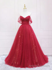 Burgundy Tulle Long Prom Dress, Burgundy Evening Dress