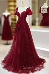 Burgundy Tulle Long Evening Prom Dresses, Burgundy Tulle Evening Dresses