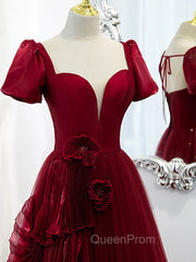 Burgundy Tulle Long Evening Prom Dresses, Burgundy Tulle Evening Dresses