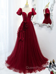 Burgundy Tulle Long Evening Prom Dresses, Burgundy Tulle Evening Dresses