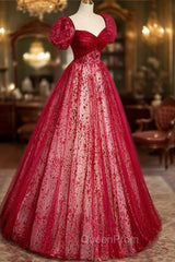 Burgundy Tulle Long Evening Prom Dresses with Sequins, A-Line Short Sleeve Evening Dresses