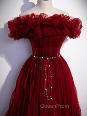 Burgundy Tulle Off Shoulder Long Evening Prom Dresses, Burgundy Evening Dresses