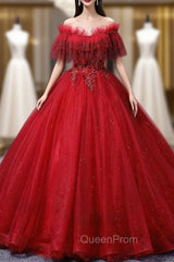 Burgundy Tulle Off the Shoulder Beading Appliques Quinceanera Dresses