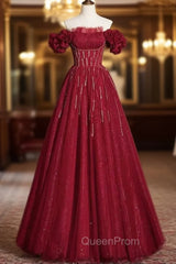 Burgundy Tulle Off the Shoulder Beading Pleats Evening Prom Dresses