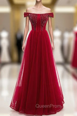Burgundy Tulle Off the Shoulder Beading Evening Prom Dresses
