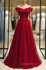 Burgundy Tulle Off the Shoulder Beading Evening Prom Dresses