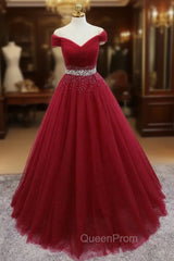Burgundy Tulle Off the Shoulder Pleats Beading Evening Prom Dresses