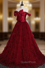 Burgundy Tulle Off the Shoulder Pleats Bow Evening Prom Dresses