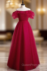 Burgundy Tulle Off the Shoulder Pleats Evening Prom Dresses