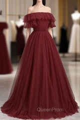 Burgundy Tulle Off the Shoulder Evening Prom Dresses, Long A-Line Evening Dresses