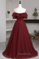 Burgundy Tulle Off the Shoulder Evening Prom Dresses, Long A-Line Evening Dresses