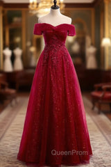 Burgundy Tulle Off the Shoulder Sequins Beading Evening Prom Dresses