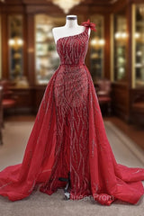 Burgundy Tulle One Shoulder Beading Evening Prom Dresses