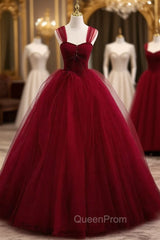 Burgundy Tulle Pleats Besing Sequins Evening Prom Dresses