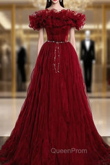 Burgundy Tulle Pleats Off the Shoulder Evening Prom Dresses