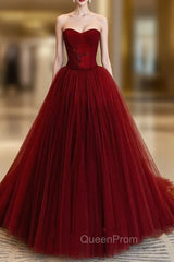 Burgundy Tulle Evening Prom Dresses Strapless Beading Fromal Dresses