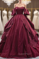 Burgundy Tulle Satin Puff Sleeve Evening Prom Dresses