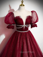 Burgundy Tulle Sequin Long Evening Prom Dresses, Burgundy Evening Dresses