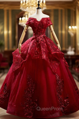 Burgundy Tulle Sequins Appliques Beading Quinceanera Dresses