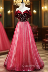 Burgundy Tulle Sequins Bead Off the Shoulder Evening Prom Dresses