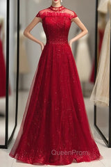 Burgundy Tulle Sequins High Neck Cap Sleeve Evening Prom Dresses