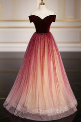 Burgundy Tulle Sequins Off the Shoulder Evening Prom Dresses