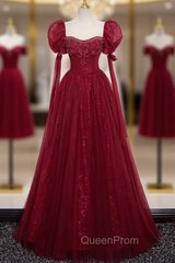 Burgundy Tulle Sequins Puff Sleeve Beading Evening Prom Dresses