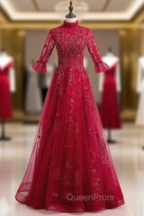 Burgundy Tulle Sequins Short Sleeve Beading Evening Prom Dresses