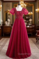 Burgundy Tulle Sequins Square Short Sleeve Evening Prom Dresses