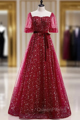 Burgundy Tulle Sequins Square Short Sleeve Evening Prom Dresses