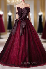 Burgundy Tulle Sequins Strapless Pleats Evening Prom Dresses