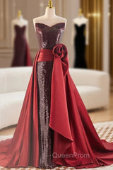 Burgundy Tulle Sequins Strapless Evening Prom Dresses