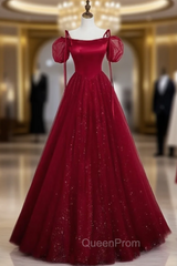 Burgundy Tulle Sequins Straps Puff Sleeve Evening Prom Dresses