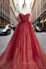 Burgundy Tulle Sequins Sweetheart Evening Prom Dresses