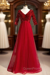 Burgundy Tulle Sequins V-neck Short Sleeve Evening Prom Dresses