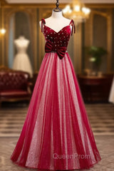 Burgundy Tulle Sequins Velvet V-neck Beading Evening Prom Dresses